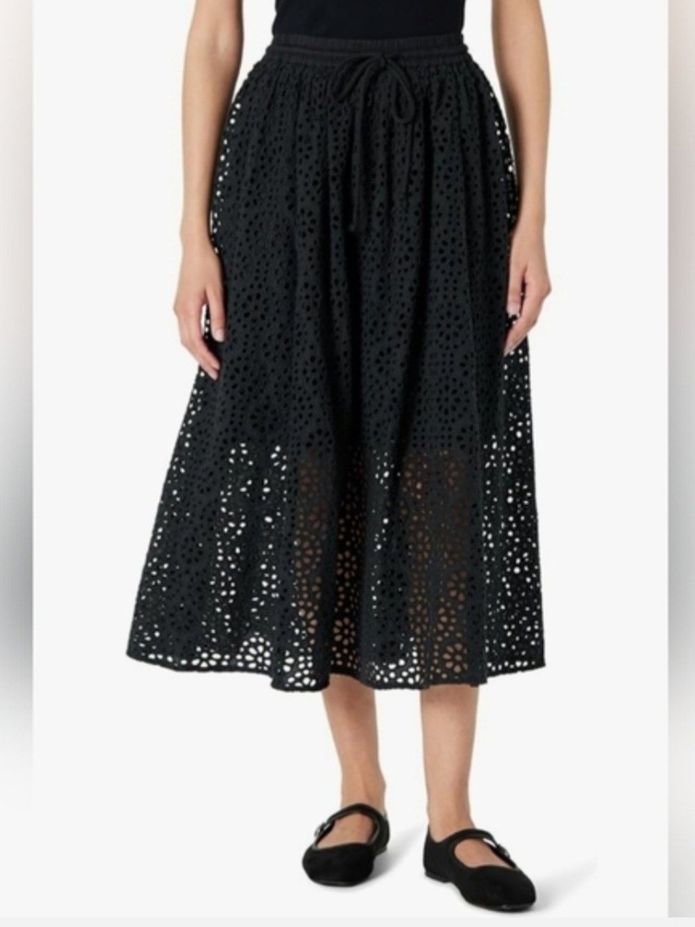 The Drop Giorgi Lace Black Eyelet Midi Skirt with Drawstring Waist